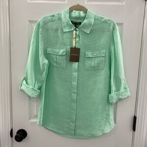 NWTs Tommy Bahama Two Palms linen button down shirt. Medium Seafoam tab sleeve